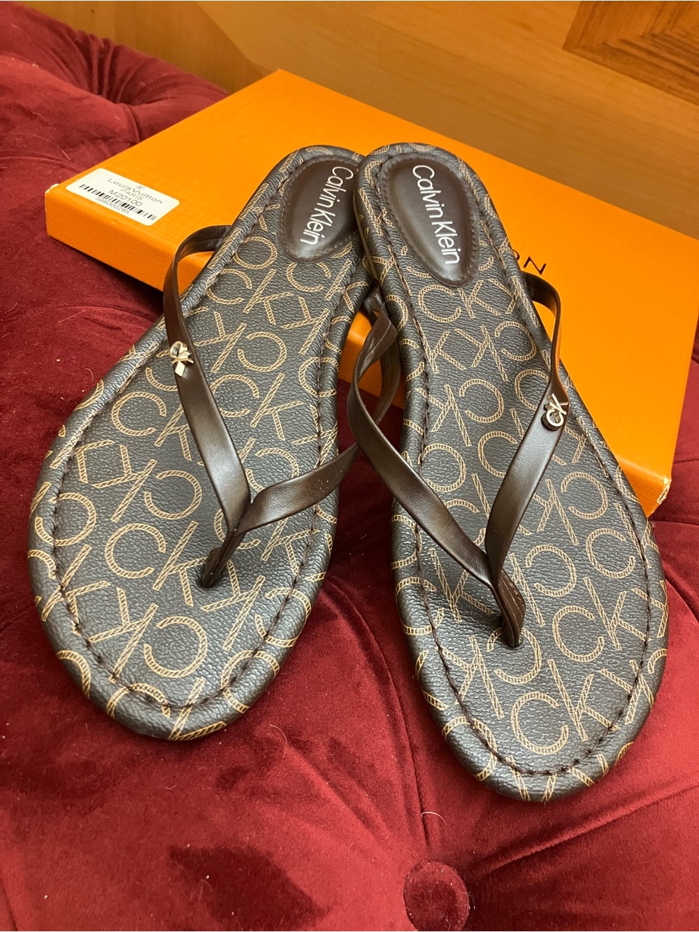 Calvin Klein Brown Logo-Print Thong Sandals